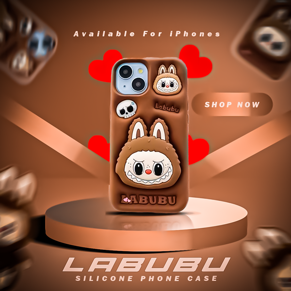 Brown silicone phone case with cartoon characters on a brown background, featuring the Labubu brand.
